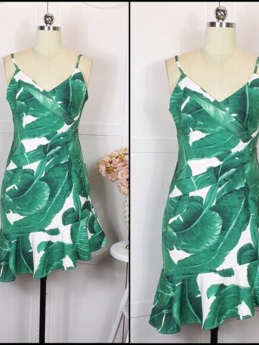 Tropical Leaf Print Spaghetti Strap Dress